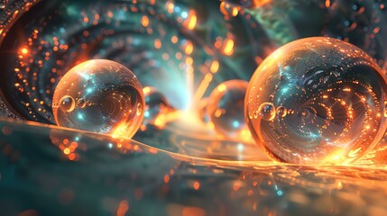 a group of shiny balls floating in the air with a blurry background