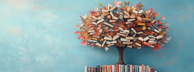 A tree made of books, with colorful leaves and various sizes representing different techniques for teaching reading skills