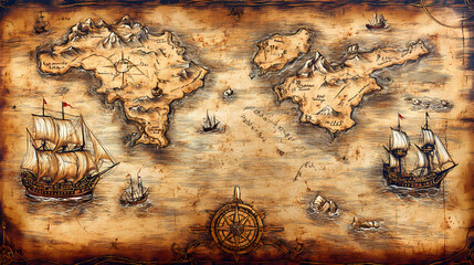 Fototapeta premium Pirate map with pirate ships, islands and nautical signs. drawing of an ancient treasure map for medieval epic fantasy adventure. Pirate Treasure Map. Illustration