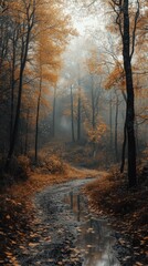 Obraz premium Misty Autumn Birch Forest with Rocky Pathway