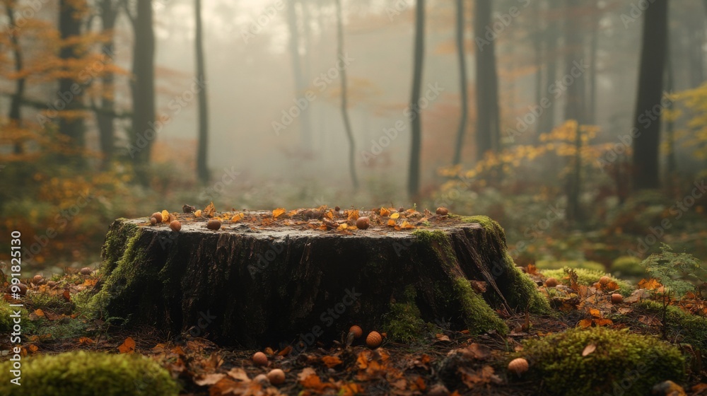 Poster In a serene autumn forest, a moss-covered tree stump sits at the center, adorned with fallen leaves and scattered nuts. The fog gently envelops the trees, creating an enchanting atmosphere.