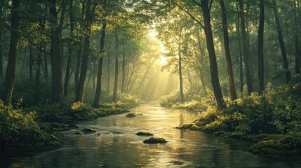 Obraz premium Sunlight Filtering Through Trees onto a Tranquil Forest Stream with Rocks and Lush Greenery