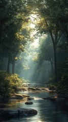 Obraz premium Sunlight Filtering Through Trees onto a Tranquil Forest Stream with Rocks and Lush Greenery