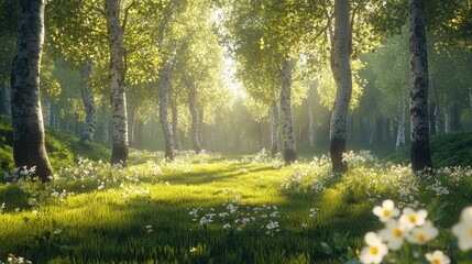 Obraz premium Bright Sunlit Meadow with Yellow Flowers and Lush Green Trees in a Peaceful Forest Setting
