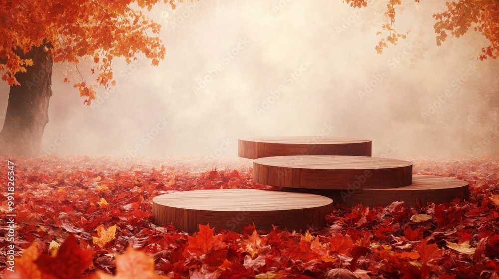 Poster a gentle pathway made of round wooden platforms leads through a landscape covered in colorful autumn