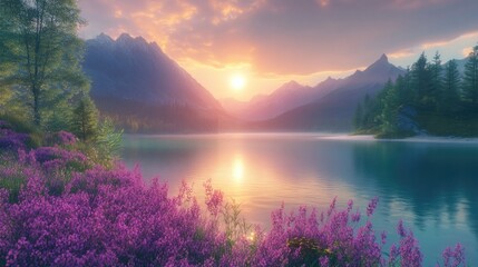 Sunrise Over a Pristine Mountain Lake Surrounded by Purple Wildflowers and Towering Peaks