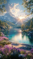 Sunrise Over a Pristine Mountain Lake Surrounded by Purple Wildflowers and Towering Peaks