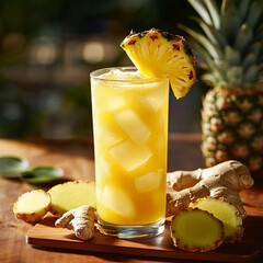 Pineapple Ginger Juice in a Tall Glass with Pineapple Slices and Ginger Garnish, Bright Tropical Lighting