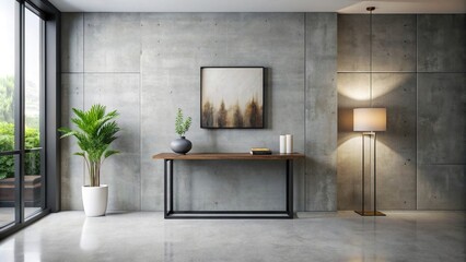 A minimalist and modern entryway with a sleek concrete floor, functional console table, and abstract art, architecture, simple, large, minimalist, hallway, home, sleek, elegance