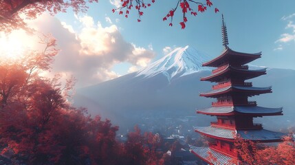 Chureito Pagoda with snow-capped Mount Fuji behind image