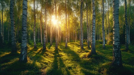 Obraz premium Sunlit Path Through Birch Forest in Early Morning Light