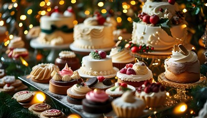 Enchanting festive dessert showcase with beautifully decorated cakes, cupcakes, and cookies illuminated by warm lights and joyful decorations