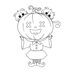 Line sketch of a funny little witch with a pumpkin instead of a head. Vector graphics.
