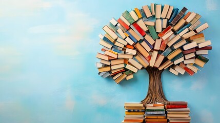 A tree made of books, with colorful leaves and various sizes representing different techniques for teaching reading skills