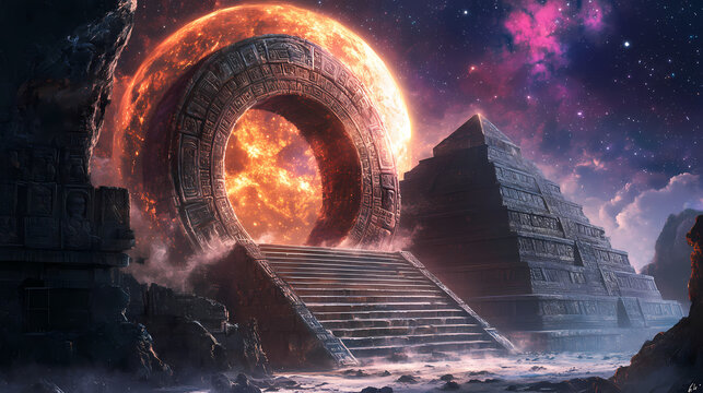 Time travel through stargate portal in mayan pyramids on the moon - universe art. Mayan Pyramid. Illustration