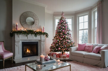 Christmas tree with decorations, couch and wrapped gifts.