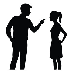 a black silhouette of a man and a woman standing side by side. The man is on the left side of the image and is pointing his finger towards the woman on the right side. vector silhouette, 
