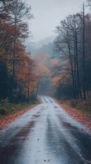 Fototapeta premium Peaceful Autumn Lake with Orange Trees and Mist in Early Morning Light