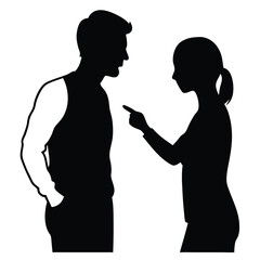 a black silhouette of a man and a woman standing side by side. The man is on the left side of the image and is pointing his finger towards the woman on the right side. vector silhouette, 