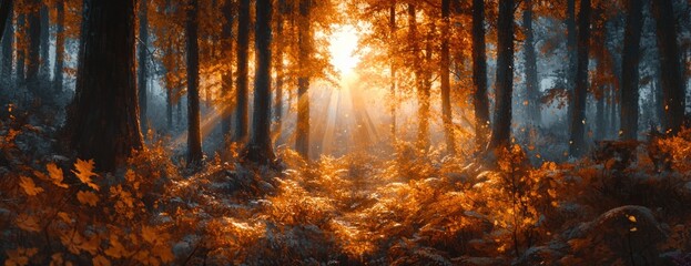 Falling Leaves in a Tranquil Autumn Forest at Golden Hour