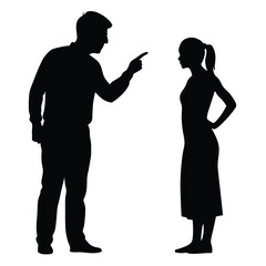 a black silhouette of a man and a woman standing side by side. The man is on the left side of the image and is pointing his finger towards the woman on the right side. vector silhouette, 