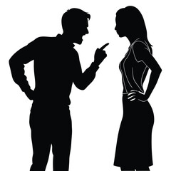 a black silhouette of a man and a woman standing side by side. The man is on the left side of the image and is pointing his finger towards the woman on the right side. vector silhouette, 