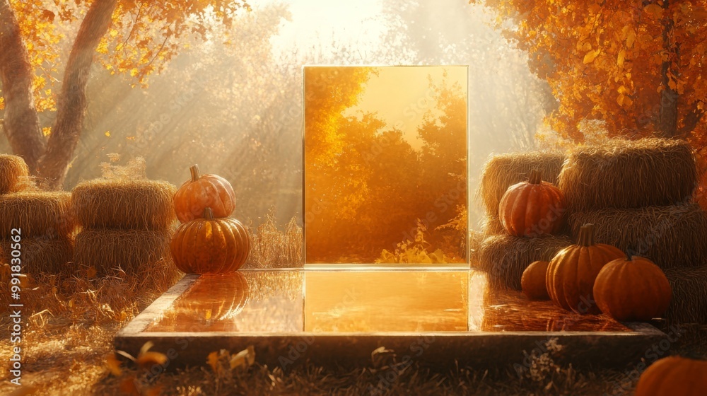 Poster a serene setting in a forest during autumn, featuring pumpkins scattered around hay bales. the golde