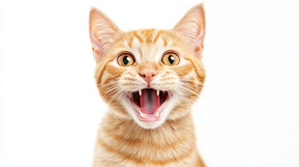 Obraz premium Excited ginger cat with an open mouth shows playful expression against a bright white background