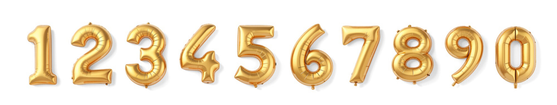 Gold Foil Balloon Numbers, Set of Realistic Balloons isolated on Transparent Background. Festive decorations set