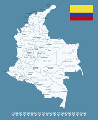 Colombia - detailed country map with cities and regions. Infographic icons. Vector illustration.