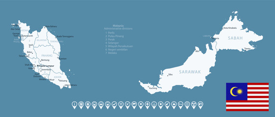 Malaysia - detailed country map with cities and regions. Infographic icons. Vector illustration.