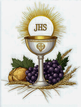 Eucharistic chalice with host, grapes, and wheat