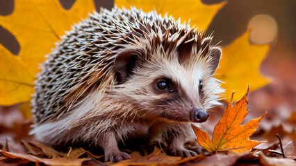 Charming Hedgehog Resting Among Autumn Leaves in a Warm Forest Setting, Surrounded by the Beauty of Nature's Seasonal Change with Golden Light and Playful Wildlife