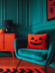 Living room interior design with green velvet armchair, orange pillow, colorful furniture, and halloween decorations