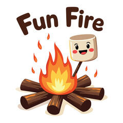 Cute Cartoon Marshmallow Roasting Over Campfire with 'Fun Fire' Playful Font - White Background T-Shirt Design