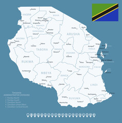 Tanzania - detailed country map with cities and regions. Infographic icons. Vector illustration.