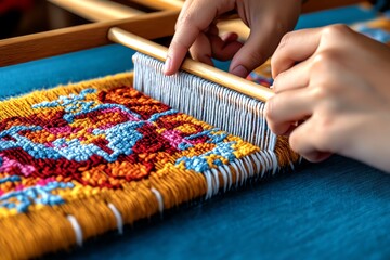 A person weaving a colorful tapestry on a loom, with detailed patterns emerging as they work