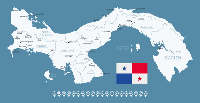 Panama - detailed country map with cities and regions. Infographic icons. Vector illustration.
