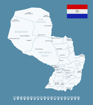 Paraguay - detailed country map with cities and regions. Infographic icons. Vector illustration.
