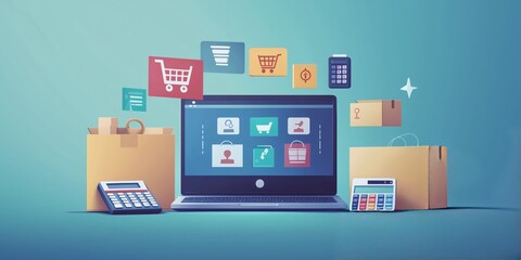 Digital shopping experience with computer and various online store elements displayed