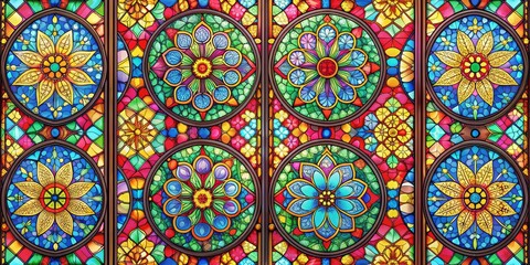 Stained Glass Window with Colorful Floral Motifs, stained glass, mosaic, pattern