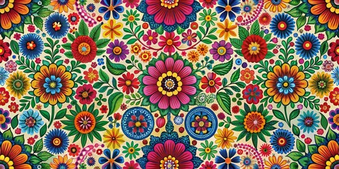 Vibrant Floral Tapestry Watercolor-Inspired Pattern of Colorful Flowers and Leaves, Mexican Folk Art, Textile Design , Pattern Design, Floral Art