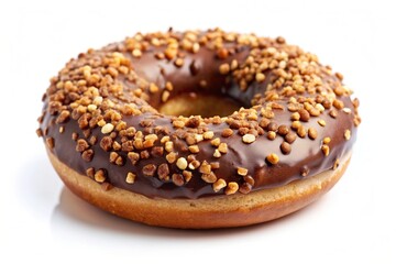 Fresh chocolate donut with a nut crumb isolated on a white background, sweet, snack, circular, isolated, bakery, pastry, round, close-up, indulgence, scrumptious, sugar, mouthwatering