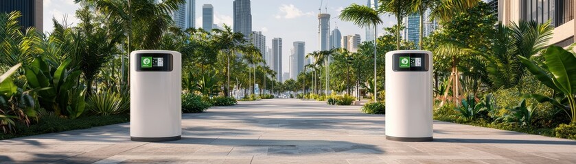 Modern waste bins in lush urban park with skyscrapers in background, showcasing eco friendly design and technology. scene reflects commitment to sustainability and clean environments. 