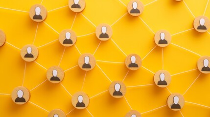 A vibrant network of people connected by lines against a yellow background with wooden figures