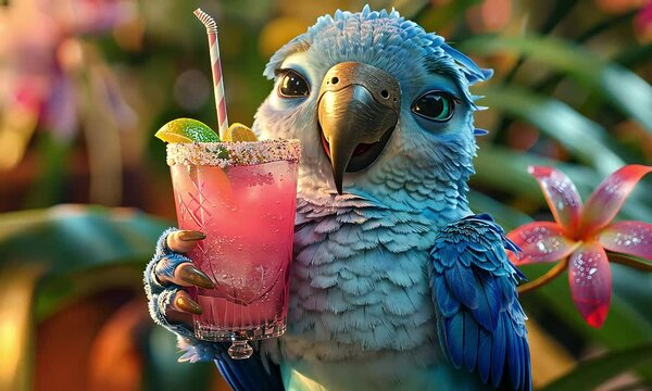 A blue parrot with big eyes and a happy expression holds a pink tropical drink with a lime and a straw. It appears to be enjoying a refreshing beverage. 