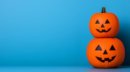 Smiling carved pumpkins stacked on a blue background with copy space