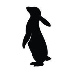a penguin standing on its hind legs. The penguin is facing towards the right side of the image and its head is tilted slightly upwards, vector silhouette 