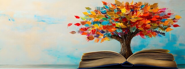 A tree made of books, with colorful leaves and various sizes representing different techniques for teaching reading skills