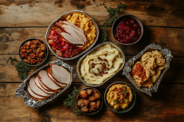 Cozy rustic scene of Thanksgiving leftovers on a wooden table, featuring turkey slices, mashed potatoes, stuffing, and cranberry sauce in mismatched containers covered with foil. 